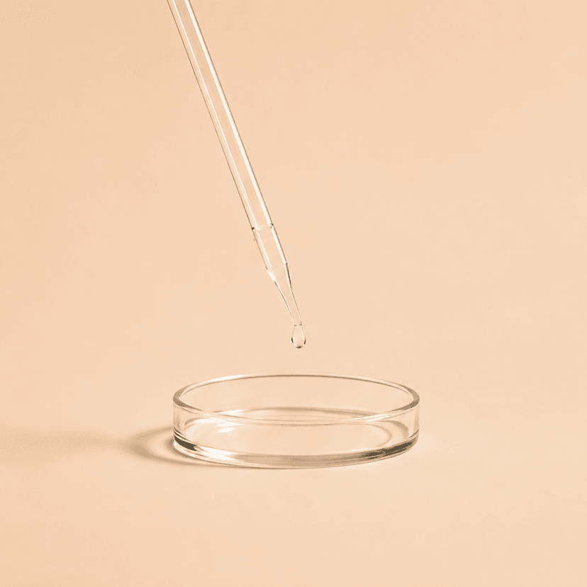 A dropper releasing a drop of clear liquid into a petri dish