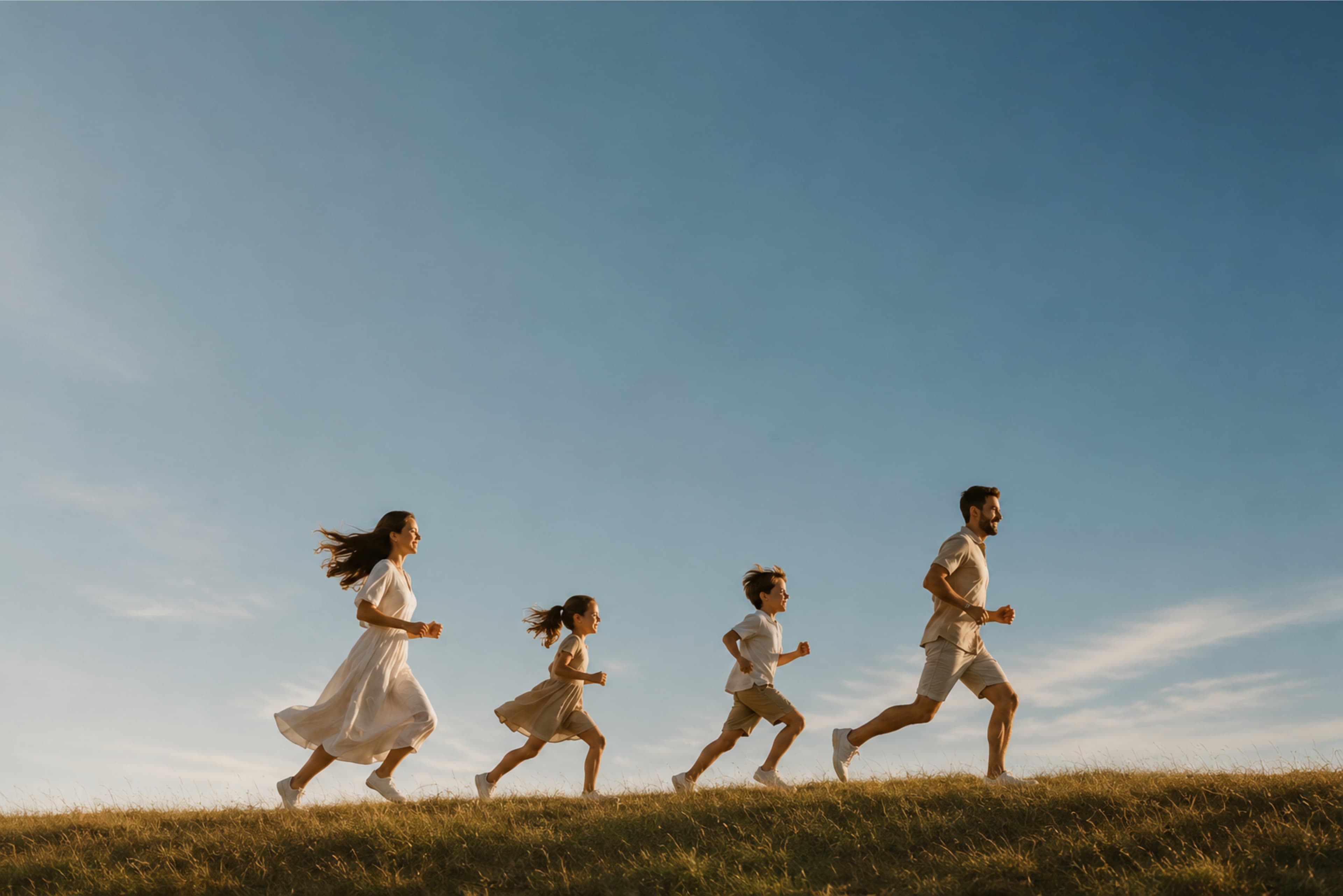 A family running together across a sunlit field