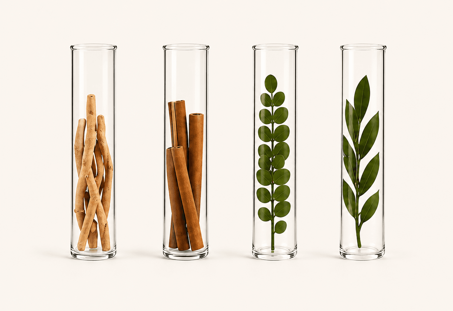Four glass vials holding ashwagandha root, cinnamon bark, and green leaves