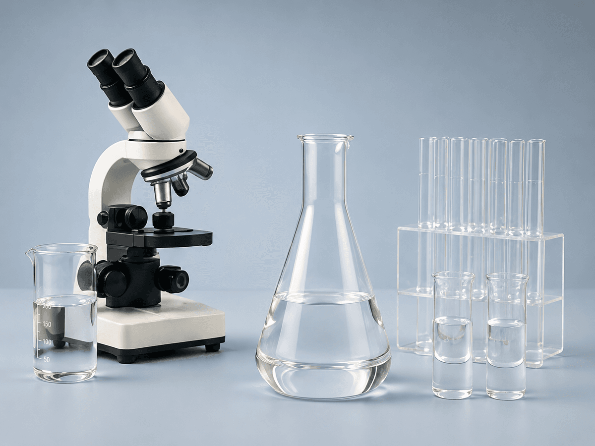 Microscope and laboratory glassware on a bench