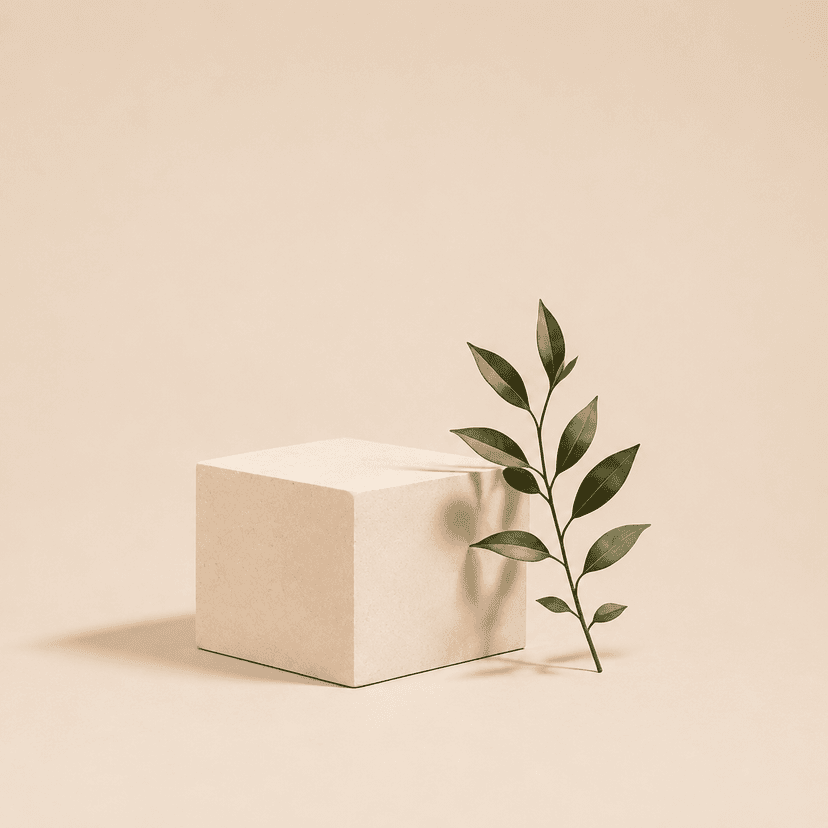 A stone podium beside a green leaf sprig